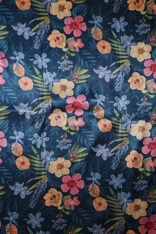 Navy Blue And Multi Color Floral Pattern Digital Print On Mulberry Silk Fabric