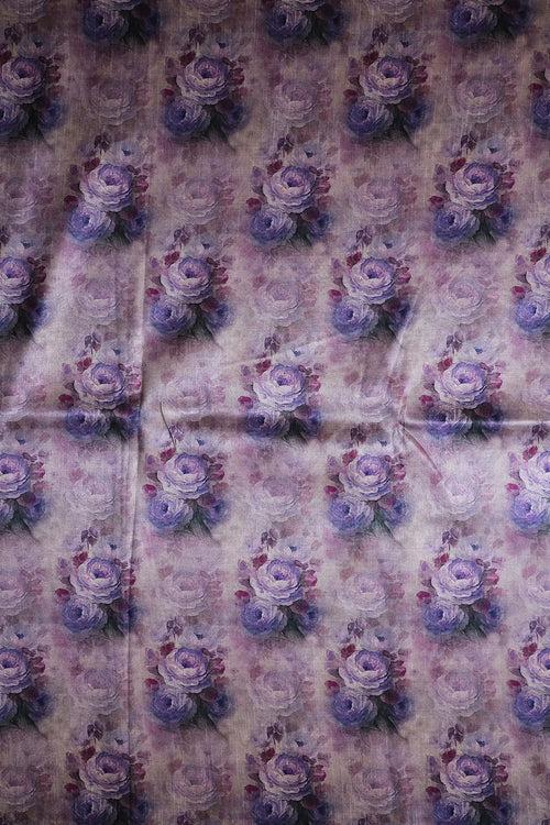 Grey And Purple Floral Pattern Digital Print On Mulberry Silk Fabric