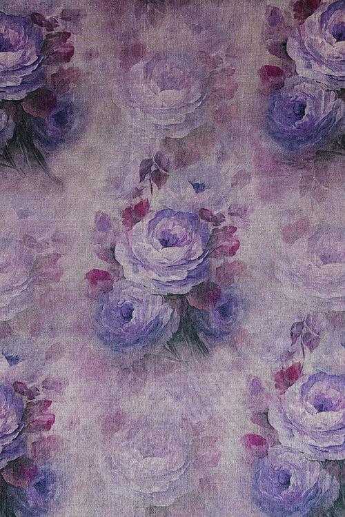 Grey And Purple Floral Pattern Digital Print On Mulberry Silk Fabric