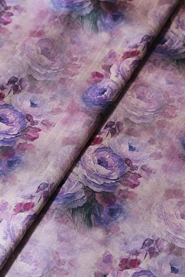 Grey And Purple Floral Pattern Digital Print On Mulberry Silk Fabric