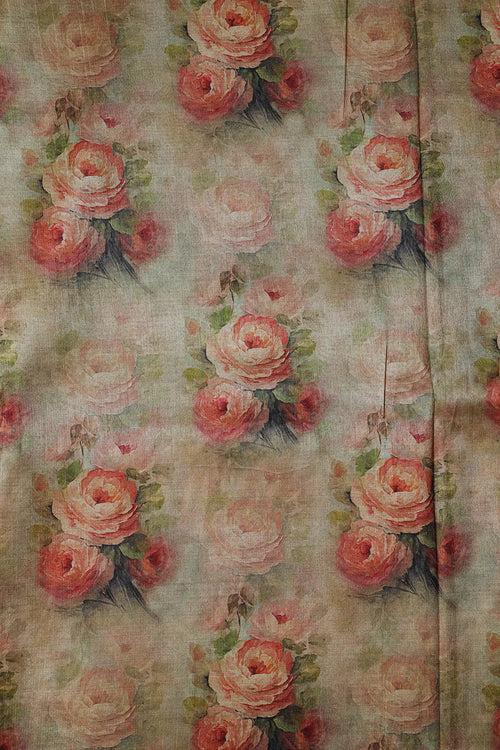 Cream And Olive Floral Pattern Digital Print On Mulberry Silk Fabric