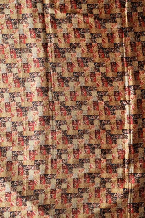 Yellow And Red Floral Checks Pattern Digital Print On Satin Fabric