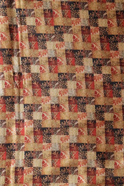 Yellow And Red Floral Checks Pattern Digital Print On Satin Fabric