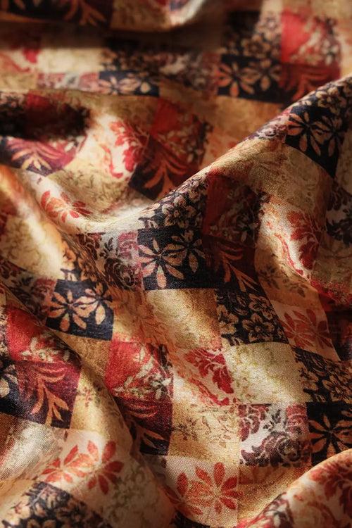 Yellow And Red Floral Checks Pattern Digital Print On Satin Fabric