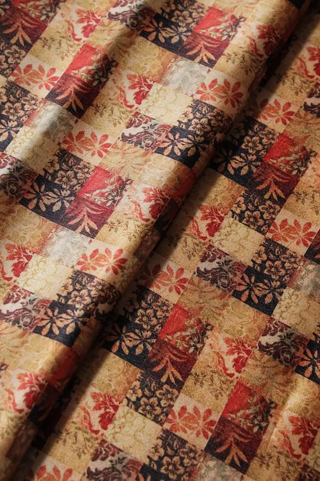 Yellow And Red Floral Checks Pattern Digital Print On Satin Fabric