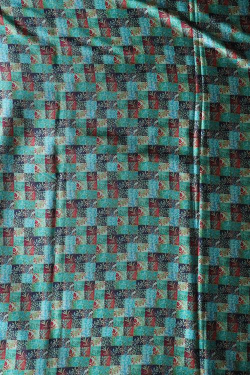 Turquoise And Red Floral Checks Pattern Digital Print On Satin Fabric