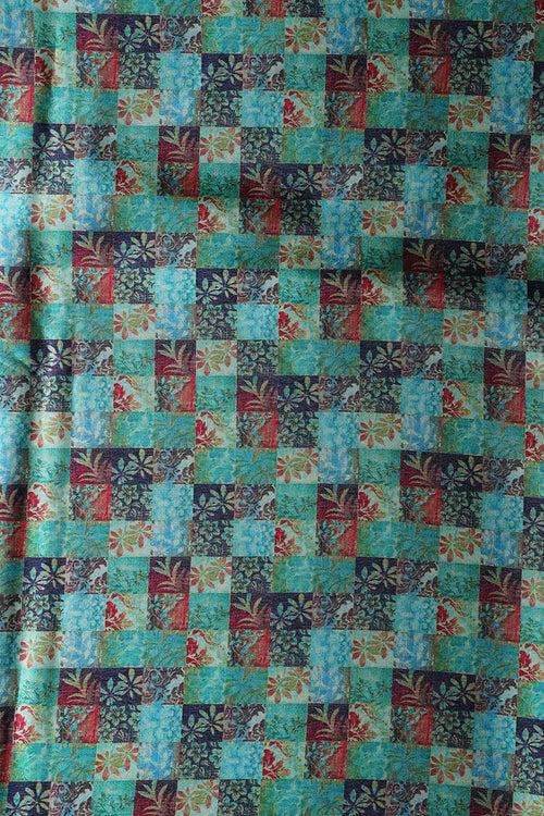 Turquoise And Red Floral Checks Pattern Digital Print On Satin Fabric