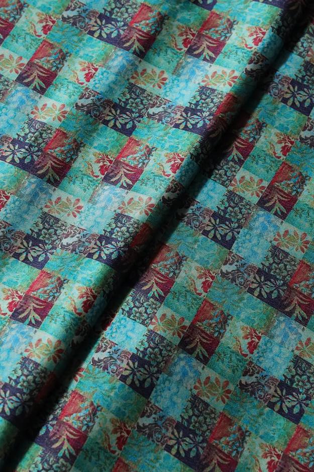 Turquoise And Red Floral Checks Pattern Digital Print On Satin Fabric