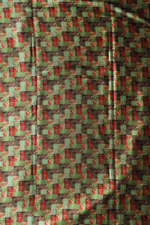 Light Green And Red Floral Checks Pattern Digital Print On Satin Fabric