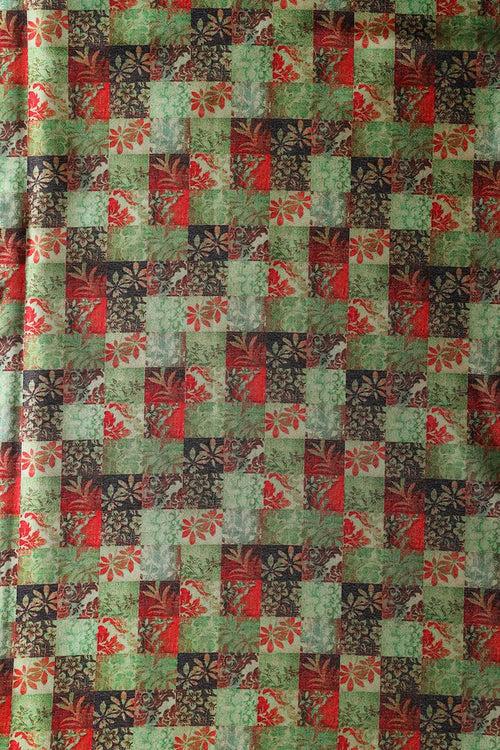 Light Green And Red Floral Checks Pattern Digital Print On Satin Fabric