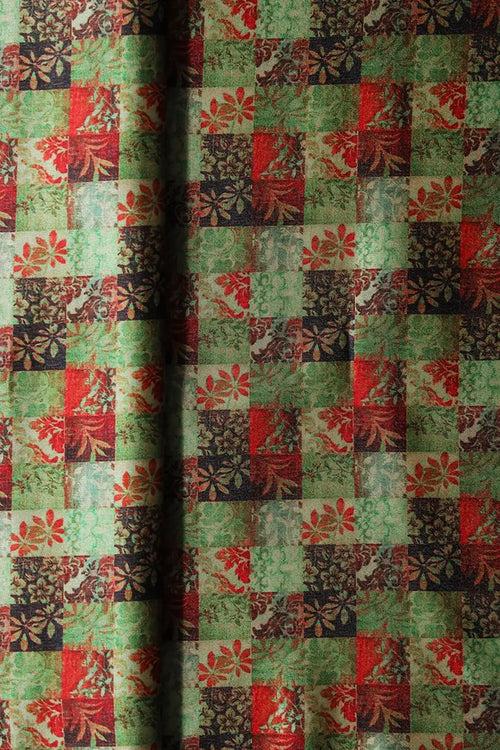 Light Green And Red Floral Checks Pattern Digital Print On Satin Fabric