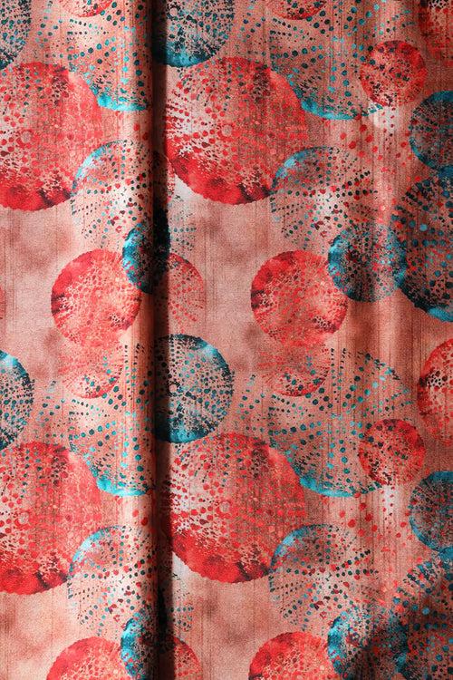 Peach And Turquoise Geometric Pattern Digital Print On Satin Fabric