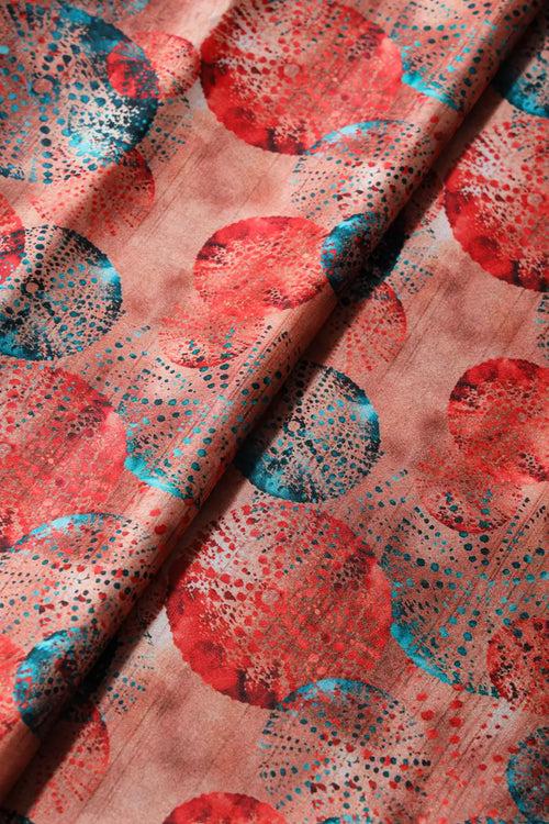 Peach And Turquoise Geometric Pattern Digital Print On Satin Fabric