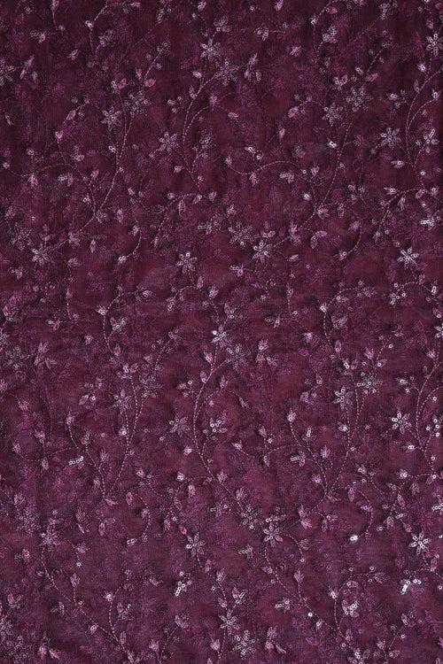 5.50 Meter Cut Piece Of Wine Thread With Gold Sequins Small Leafy Embroidery On Wine Soft Net Fabric