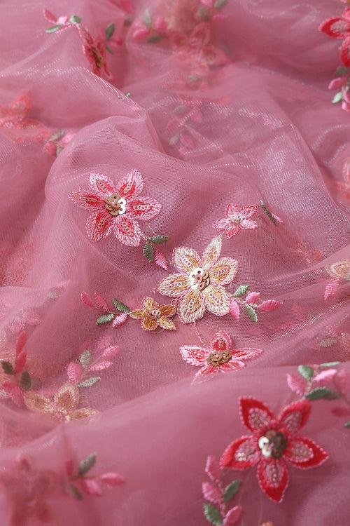 6 Meter Cut Piece Of Pink And Brown Thread With Gold Sequins Floral Embroidery On Pink Soft Net Fabric