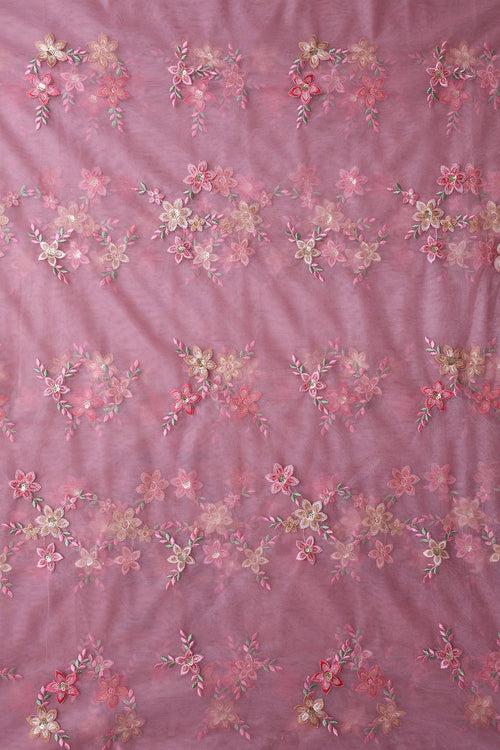 6 Meter Cut Piece Of Pink And Brown Thread With Gold Sequins Floral Embroidery On Pink Soft Net Fabric