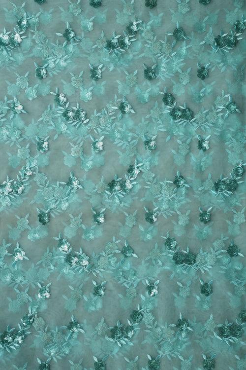 6.25 Meter Cut Piece Of Sky Thread With Sequins Beautiful Floral Embroidery Work On Sky Soft Net Fabric