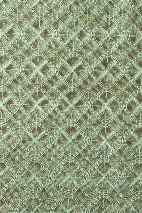 6.75 Meter Cut Piece Of Olive Thread With Gold Sequins Geometric Embroidery On Olive Soft Net Fabric