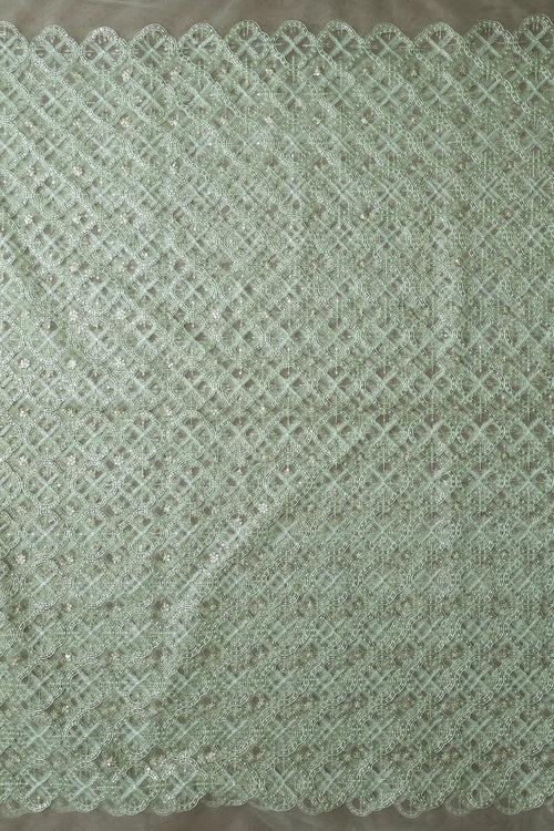 6.75 Meter Cut Piece Of Olive Thread With Gold Sequins Geometric Embroidery On Olive Soft Net Fabric