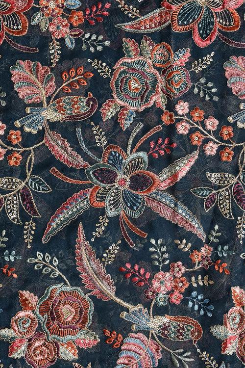 Beautiful Floral Heavy Embroidery With Gold Sequins On Prussian Blue Georgette Fabric