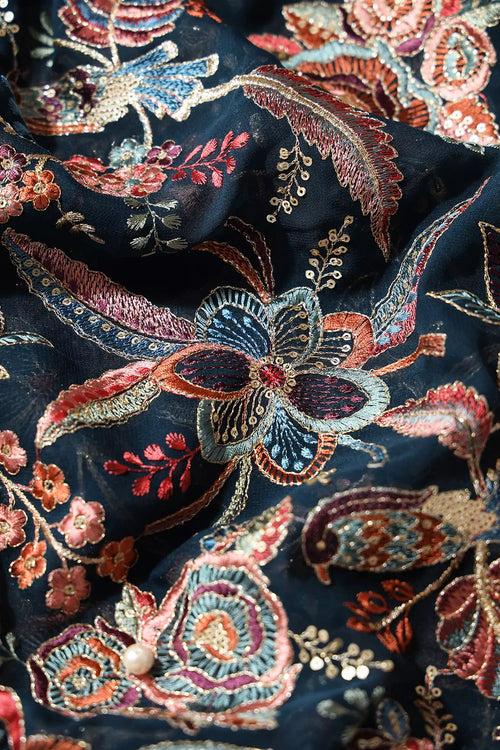 Beautiful Floral Heavy Embroidery With Gold Sequins On Prussian Blue Georgette Fabric