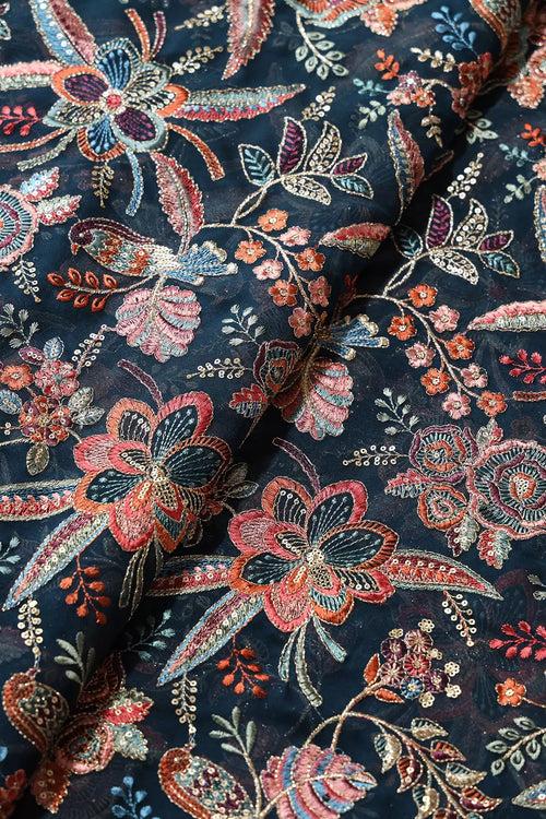 Beautiful Floral Heavy Embroidery With Gold Sequins On Prussian Blue Georgette Fabric