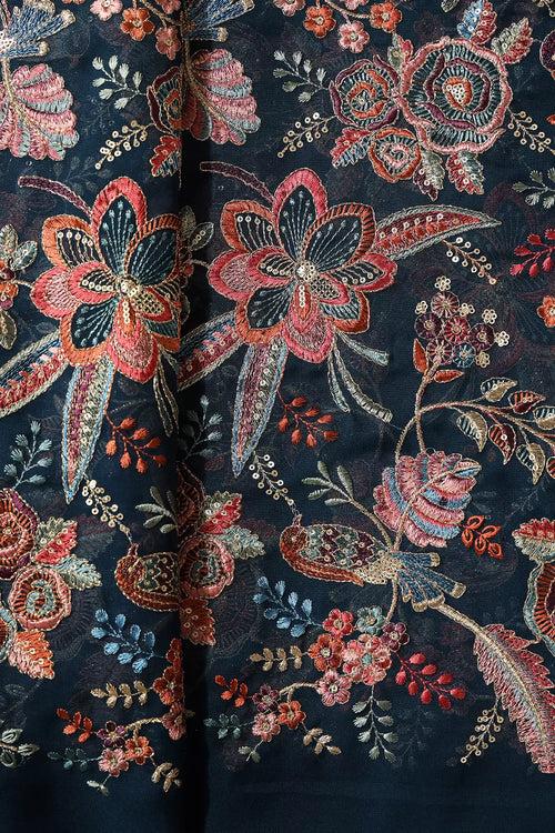 Beautiful Floral Heavy Embroidery With Gold Sequins On Prussian Blue Georgette Fabric