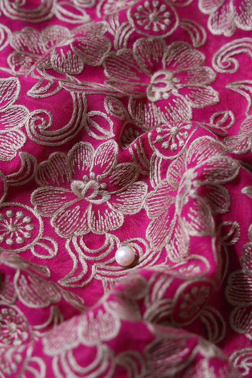 Beige Floral Embroidery On Fuchsia Georgette Fabric