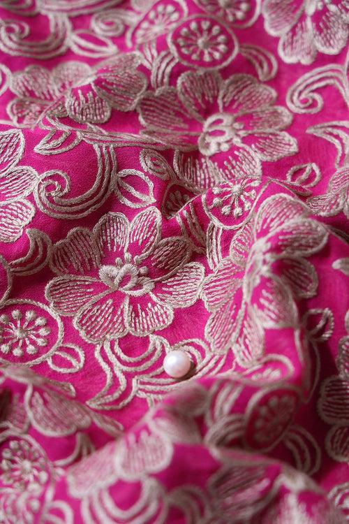 Beige Floral Embroidery On Fuchsia Georgette Fabric