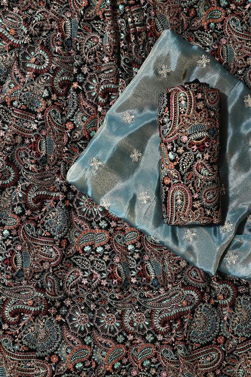 Black And Turkish Blue Unstitched Lehenga Set Fabric (3 Piece)