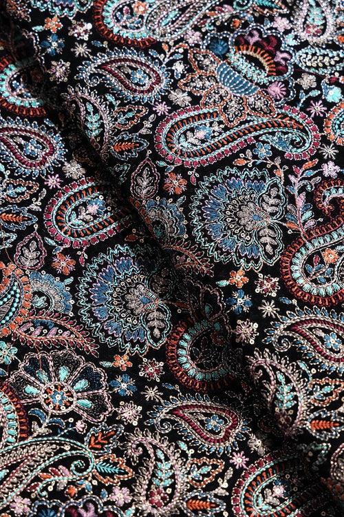 Black And Turkish Blue Unstitched Lehenga Set Fabric (3 Piece)