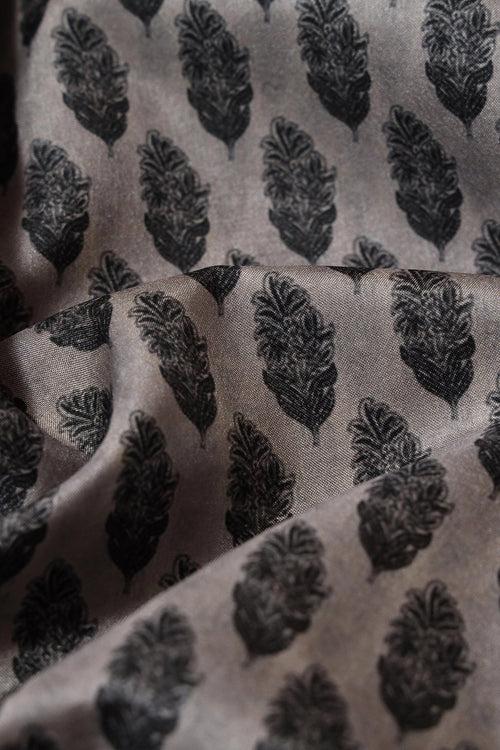 Black Leafy Digital Print On Grey Tussar Satin Fabric