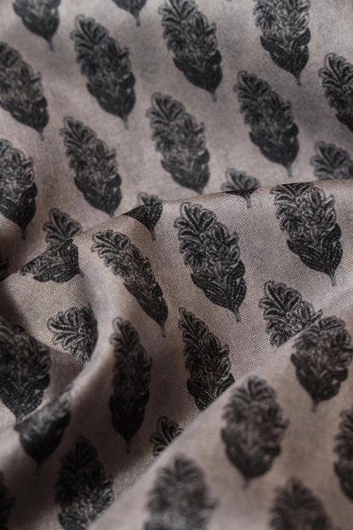 Black Leafy Digital Print On Grey Tussar Satin Fabric