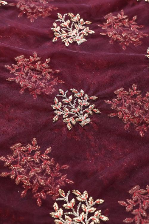 Gold Zari With Gold Sequins Floral Butta Embroidery On Maroon Soft Net Fabric