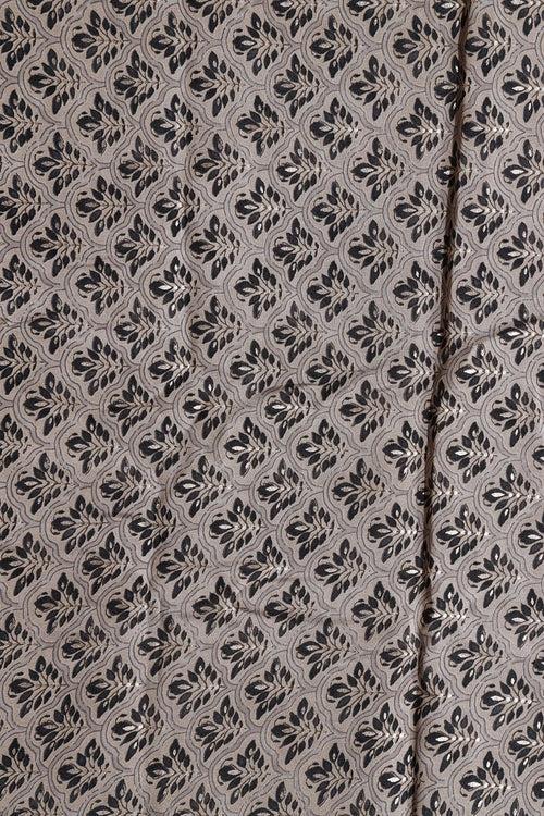 Grey And Black Trellis Pattern Foil Screen Print On Chanderi Silk Fabric