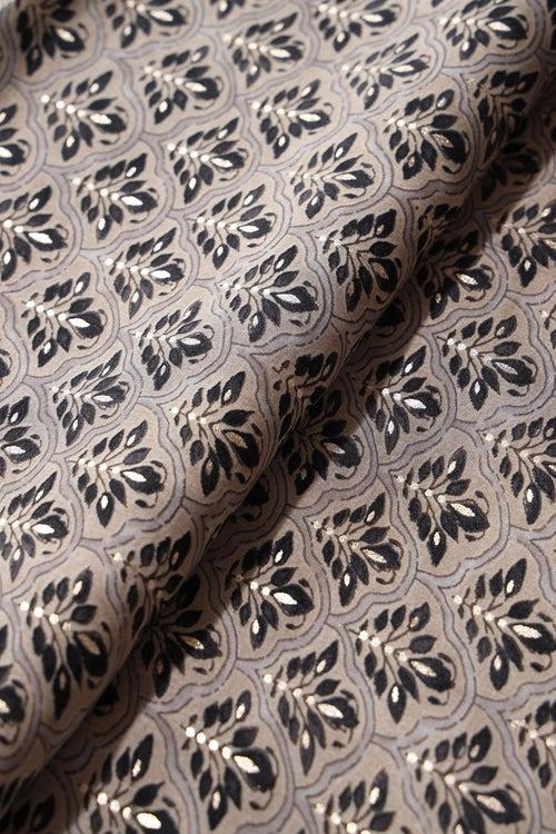 Grey And Black Trellis Pattern Foil Screen Print On Chanderi Silk Fabric