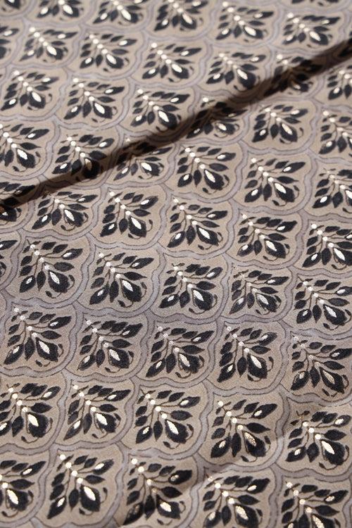 Grey And Black Trellis Pattern Foil Screen Print On Chanderi Silk Fabric