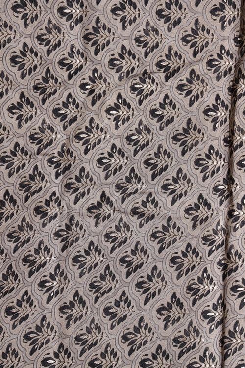 Grey And Black Trellis Pattern Foil Screen Print On Chanderi Silk Fabric