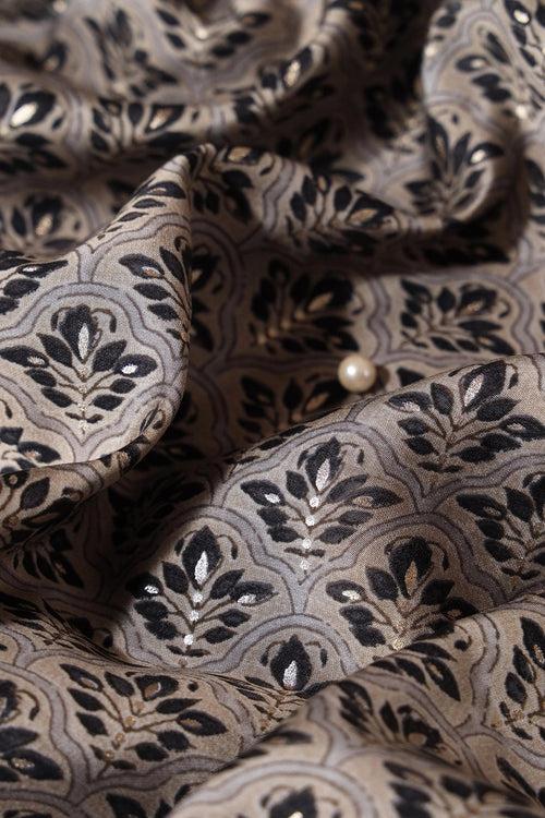 Grey And Black Trellis Pattern Foil Screen Print On Chanderi Silk Fabric