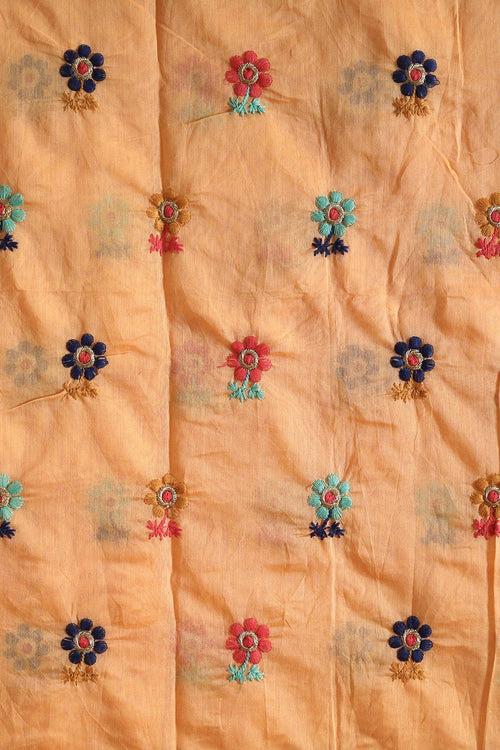 Multi Color Thread With Gold Zari Floral Embroidery Work On Orange Chanderi Fabric