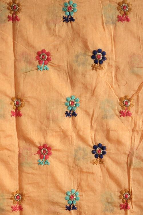 Multi Color Thread With Gold Zari Floral Embroidery Work On Orange Chanderi Fabric