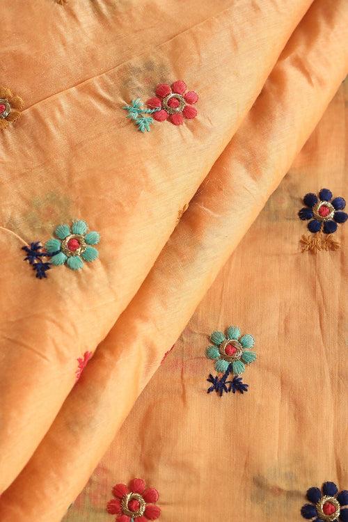 Multi Color Thread With Gold Zari Floral Embroidery Work On Orange Chanderi Fabric