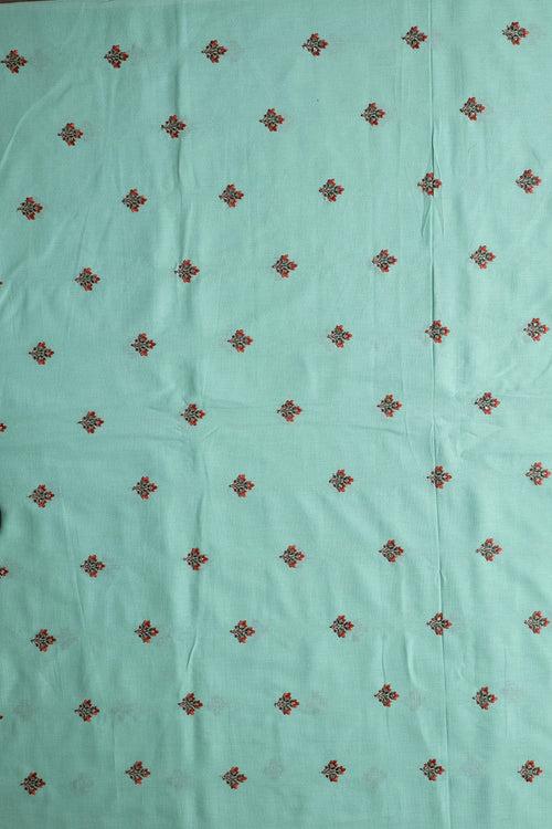 Multi Thread With Gold Sequins Floral Booti Embroidery Work On Sea Green Pure Cotton Fabric