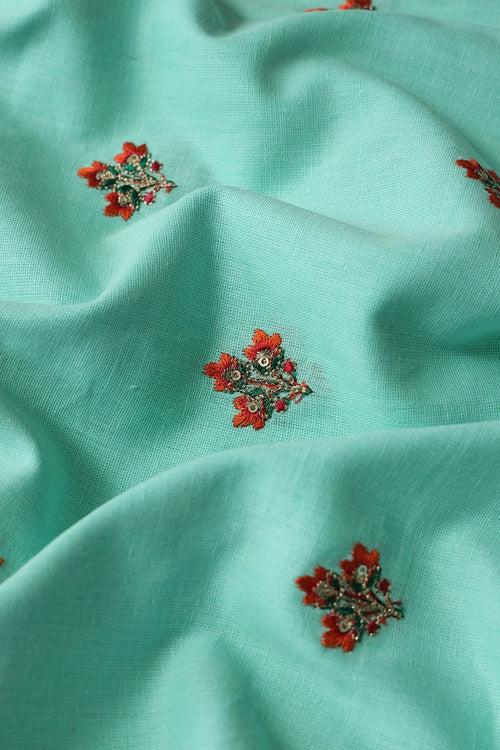 Multi Thread With Gold Sequins Floral Booti Embroidery Work On Sea Green Pure Cotton Fabric