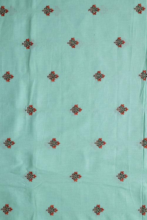 Multi Thread With Gold Sequins Floral Booti Embroidery Work On Sea Green Pure Cotton Fabric