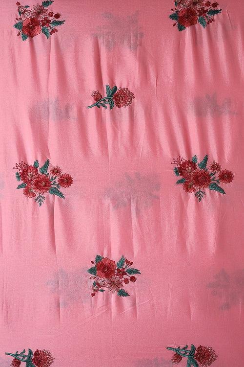 Multi Thread With Gold Sequins Floral Embroidery Work On Pink Chinnon Chiffon Fabric