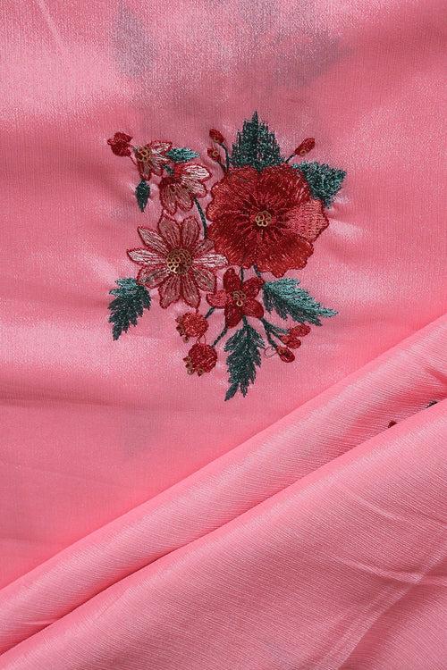 Multi Thread With Gold Sequins Floral Embroidery Work On Pink Chinnon Chiffon Fabric