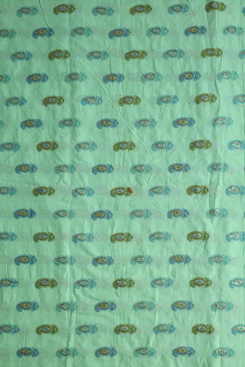 Olive And Blue Thread With Gold Sequins Paisley Embroidery Work On Sea Green Organic Cotton Fabric