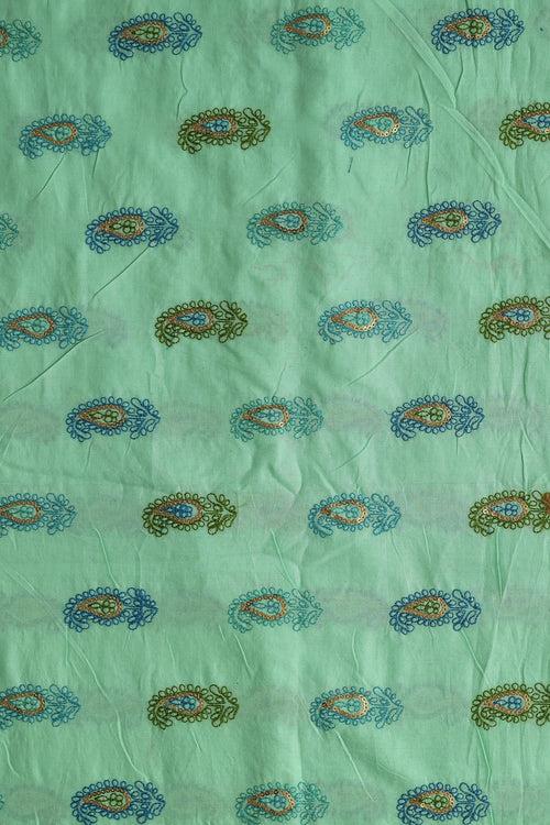 Olive And Blue Thread With Gold Sequins Paisley Embroidery Work On Sea Green Organic Cotton Fabric