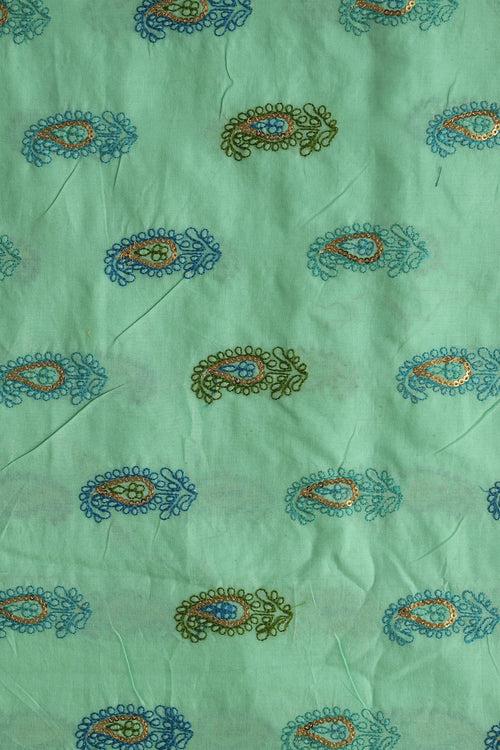 Olive And Blue Thread With Gold Sequins Paisley Embroidery Work On Sea Green Organic Cotton Fabric